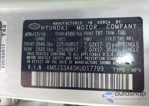 2019 Hyundai Tucson Value z USA, uszkodzony, nr VIN KM8J33A45KU017799